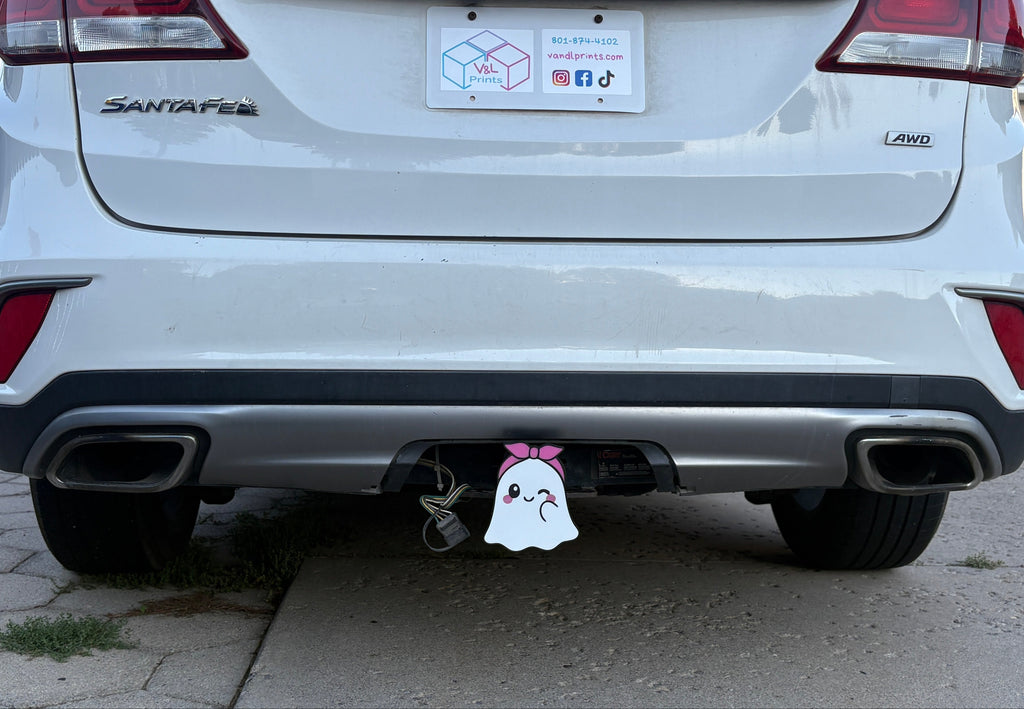 A ghost with a Pink bow hitch insert on a Vehicle.